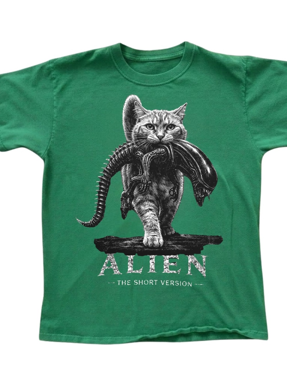 Gildan Green Tee with Cat Holding Alien Graphic